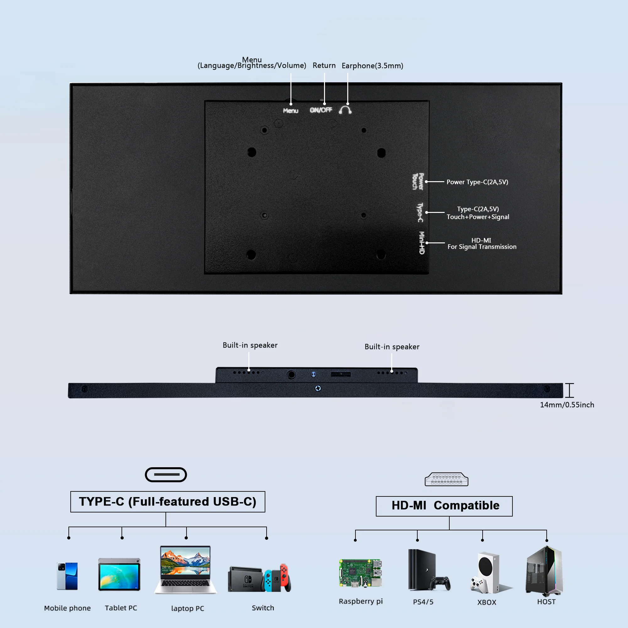 Wisecoco 12.3'' Touch Monitor Display IPS 1920x720 Portable Gaming Monitor for Raspberry Pi 5 4 3 Laptop PC GPU CPU Monitoring-5