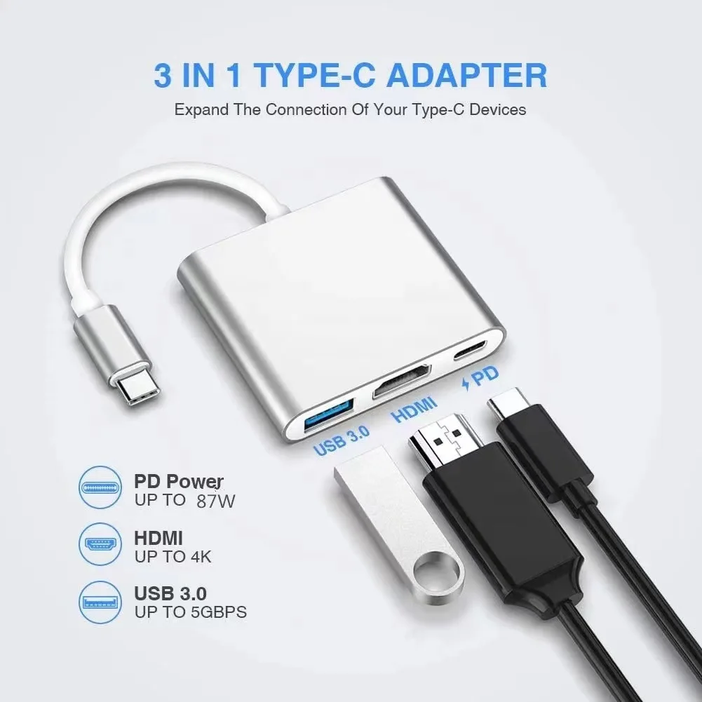 3-in-1 USB C Hub 100W Power USB 3.0 4K HDMI-compatible for MacBook Surface Chrome Steam Deck Stable USB 3.0 USB HUB Adapter-4