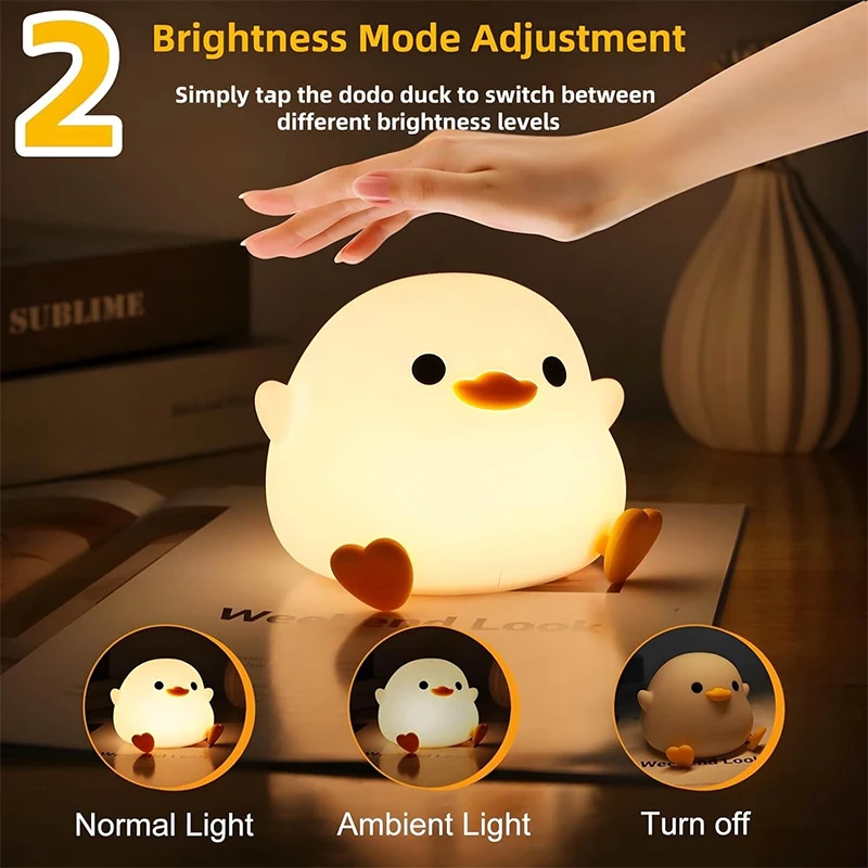 DoDo Duck Night Light, Cute Duck Lamp, Rechargeable Dimmable Nightlight, Silicone LED Bedside Lamp Nursery Touch-Sensitive-2