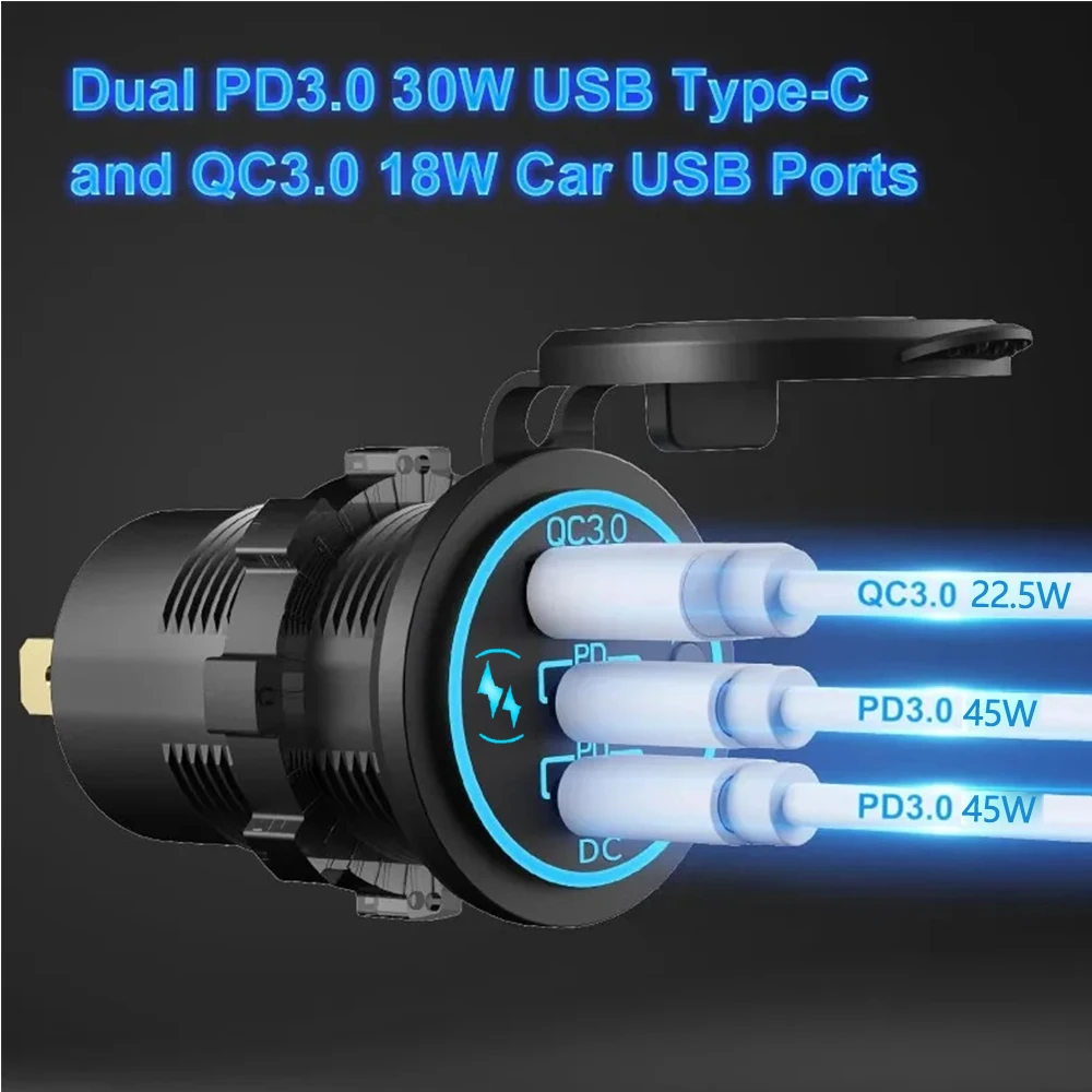 Car Charger Socket PD3.0 & QC3.0 Double USB C Ports Waterproof with LED Touch Switch 78W Fast Charging 12V/24V For Moto Adapter-5