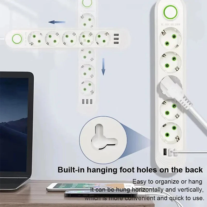 2500W EU Plug AC Outlet Multiprise Power Strip 2M Extension Cord Electrical Socket Network Filter With USB Ports Fast Charging-2