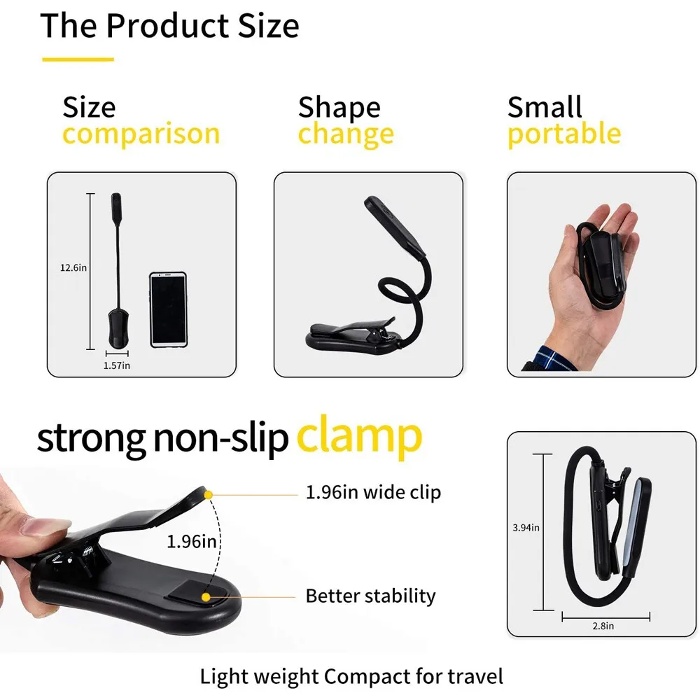 7 LED Book Light USB Rechargeable Reading Light 3-Level Warm Cool White Daylight Portable Flexible Easy Clip Night Reading Lamp-6