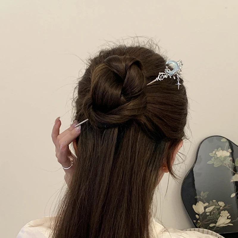 Romantic Moonstone Star Moon Hair Stick Metal Branch Hairpin Hair Fork Chinese Style Hair Accessories for Girls Hair Jewelry-5