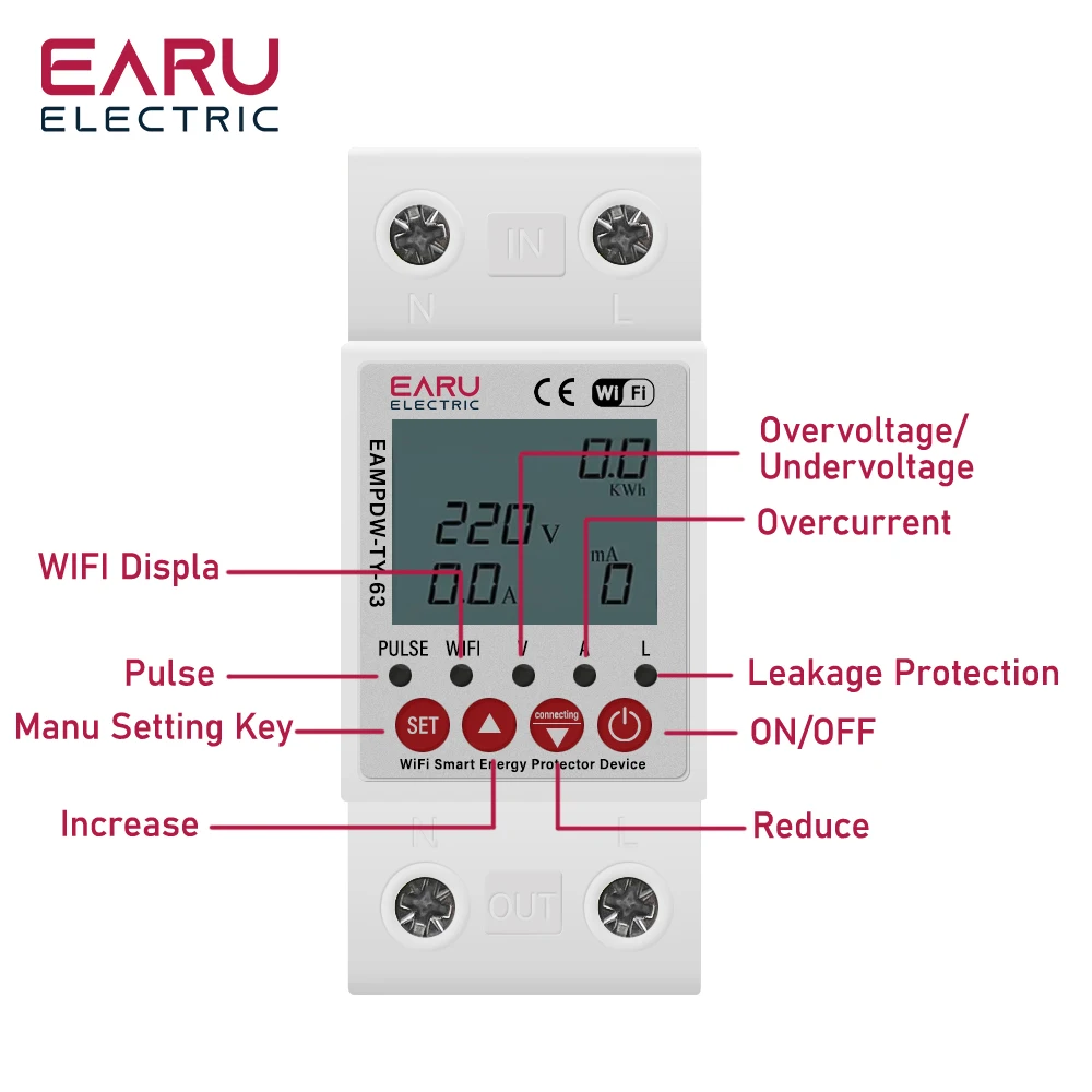 2P 63A TUYA APP WiFi Smart Circuit Earth Leakage Over Under Voltage Protector Relay Device Switch Breaker Energy Power kWh Meter-3