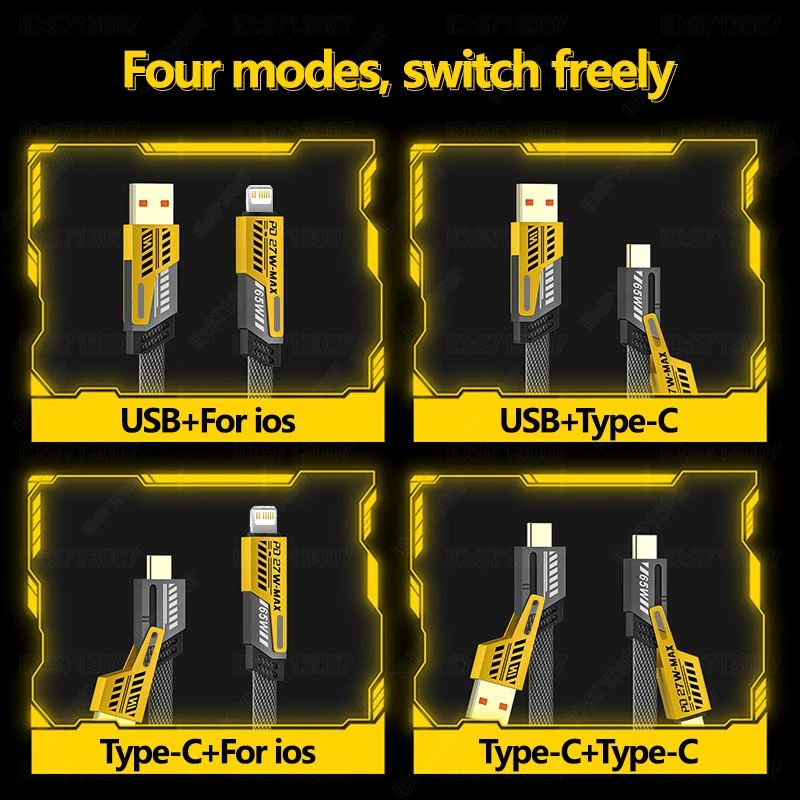 4in1 Type C to Type C 65W Mecha Style Fast Charging Cable for iPhone Samsung Xiaomi Redmi POCO OnePlus USB A to USB C Data Cord-6