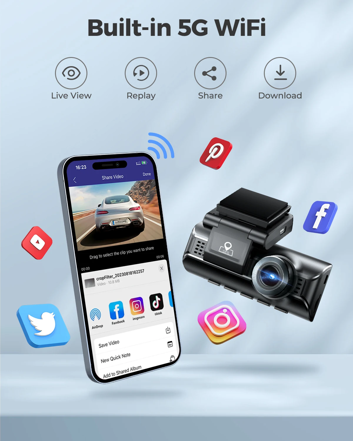 AZDOME M550 Pro 5.8Ghz WiFi 2/3 Channel Dash Cam 4K+1080P Built-in GPS 3.19