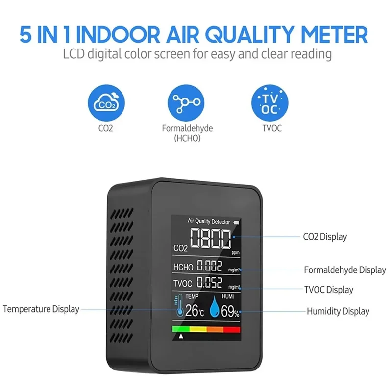 Multifunctional 5in1 CO2 Meter Digital Temperature Humidity Tester Carbon Dioxide TVOC HCHO Detector Air quality Monitor-2