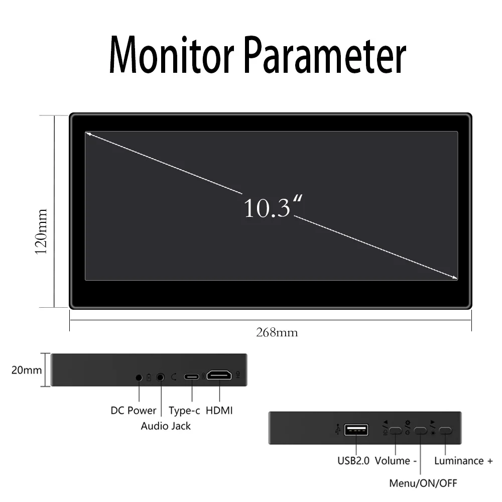 Touchscreen 10.3 Inch Portable Monitor 1920*720 Long Bar Monitor IPS Dual Speakers HDMI Type-C for Mac Laptop, PC,Switch, Phone-2