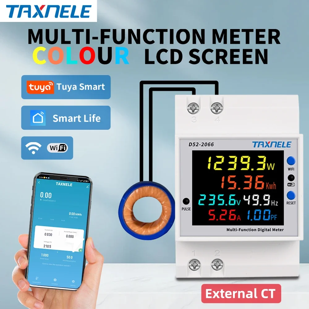 TUYA WiFi Remote Meter Smart Home D52-2066 6IN1 AC 110V 220V 100A Voltage Current Power Factor KWH Electric Energy Frequency-2