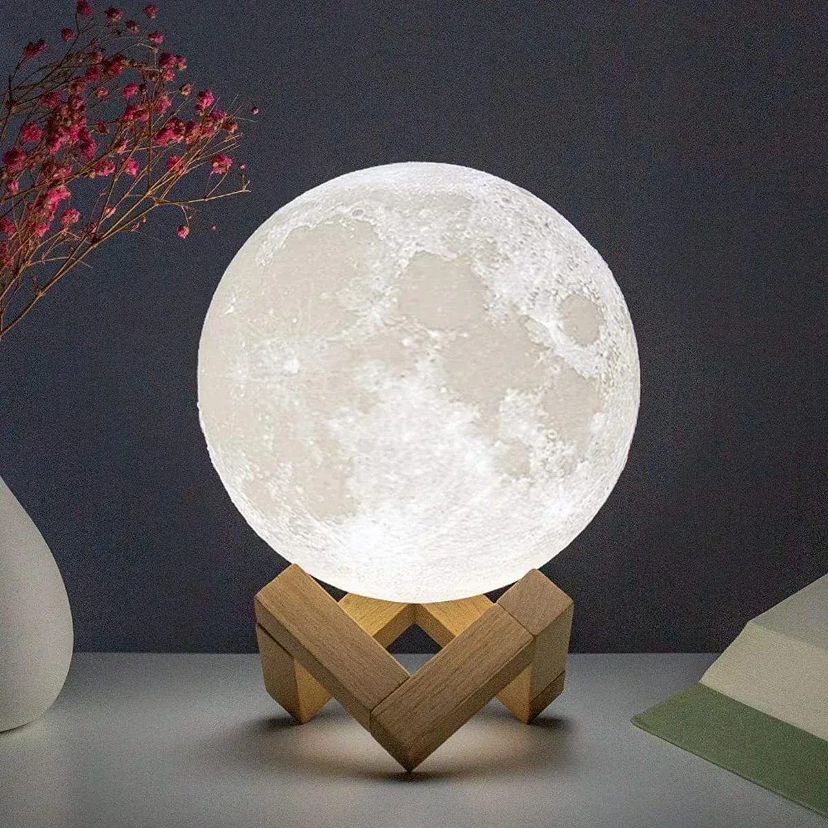 LED Night Light 8cm Moon Lamp Battery Powered With Stand Starry Lamp Bedroom Decor Night Lights Kids Gift Button Cell-6