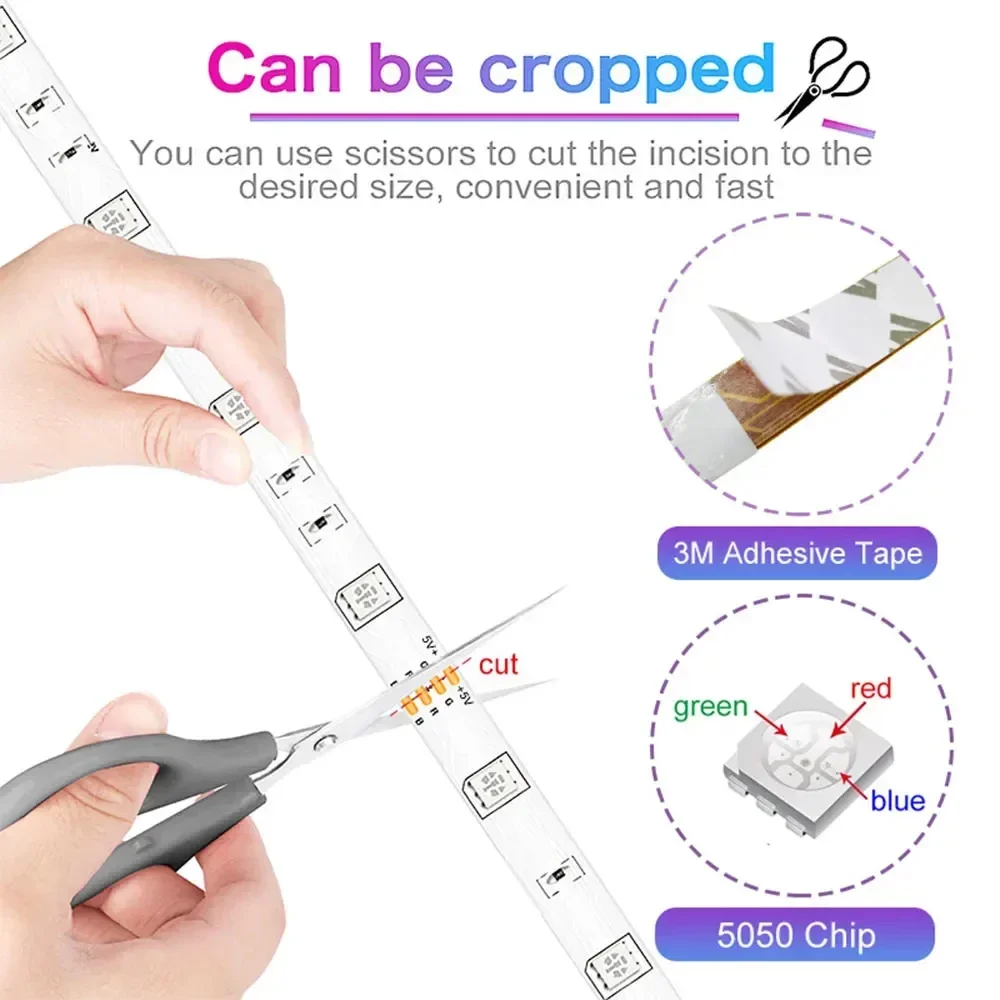 5V RGB LED Strip Lights Smart Bluetooth 24Key Remote Flexible Diode Lamp Tape SMD 5050 30LEDs/M For Room Home Decor TV Backlight-3