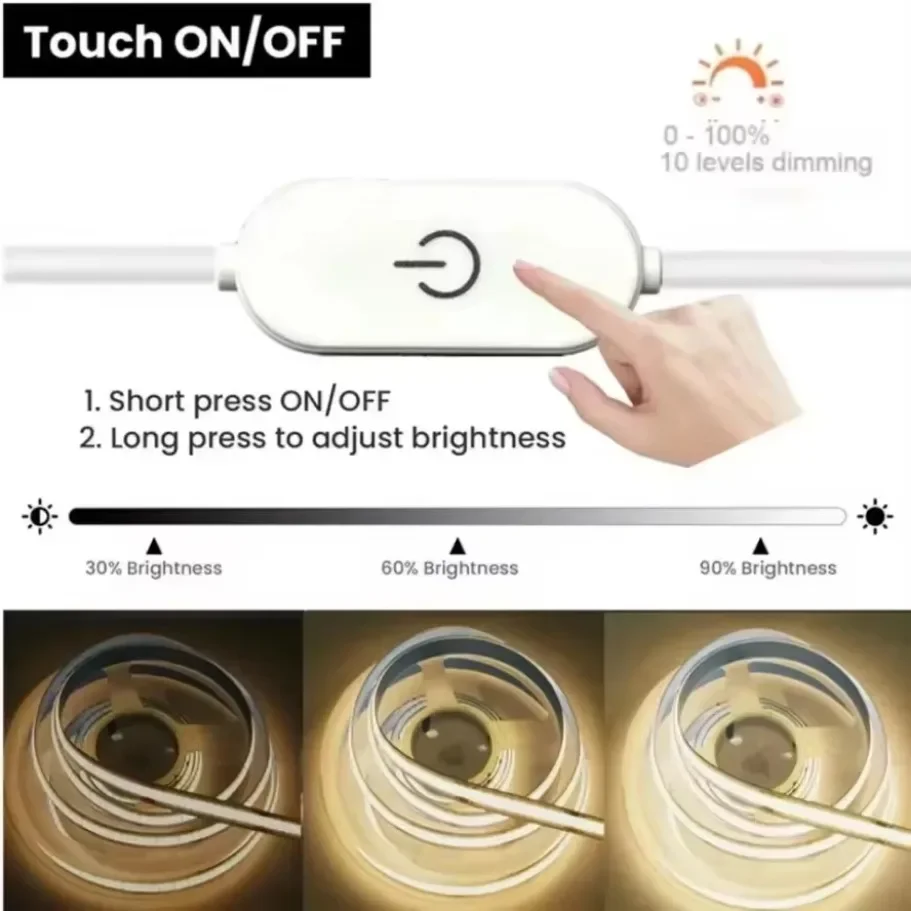 1-5M USB LED Strip Light 5V 320LEDs/M COB Touch Sensor Dimmable Lamp Tape DIY Mirror Backlight TV Kitchen Room Night Lighting-3