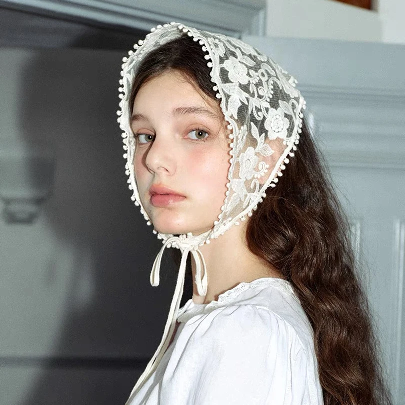 White Woven Floral Lace Hair Scarf Wraps Women Retro Triangle Headscarf Hat Travel Photo Headband Hair Accessories-2