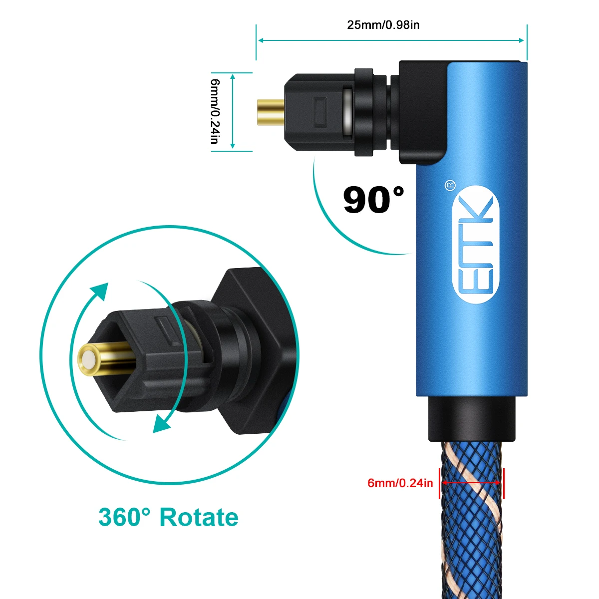 EMK Double 90 Degree Optical Toslink Cable with Nylon Braided Jacket Digital SPDIF Right Angle Optical Audio Cord(Blue)-4
