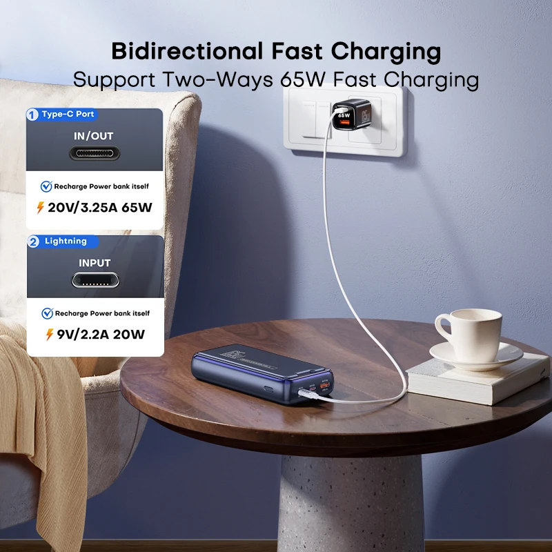 QOOVI Power Bank 30000mAh External Battery Capacity PD 65W Fast Charging Portable Charger Powerbank For Laptop iPhone Samsung-6