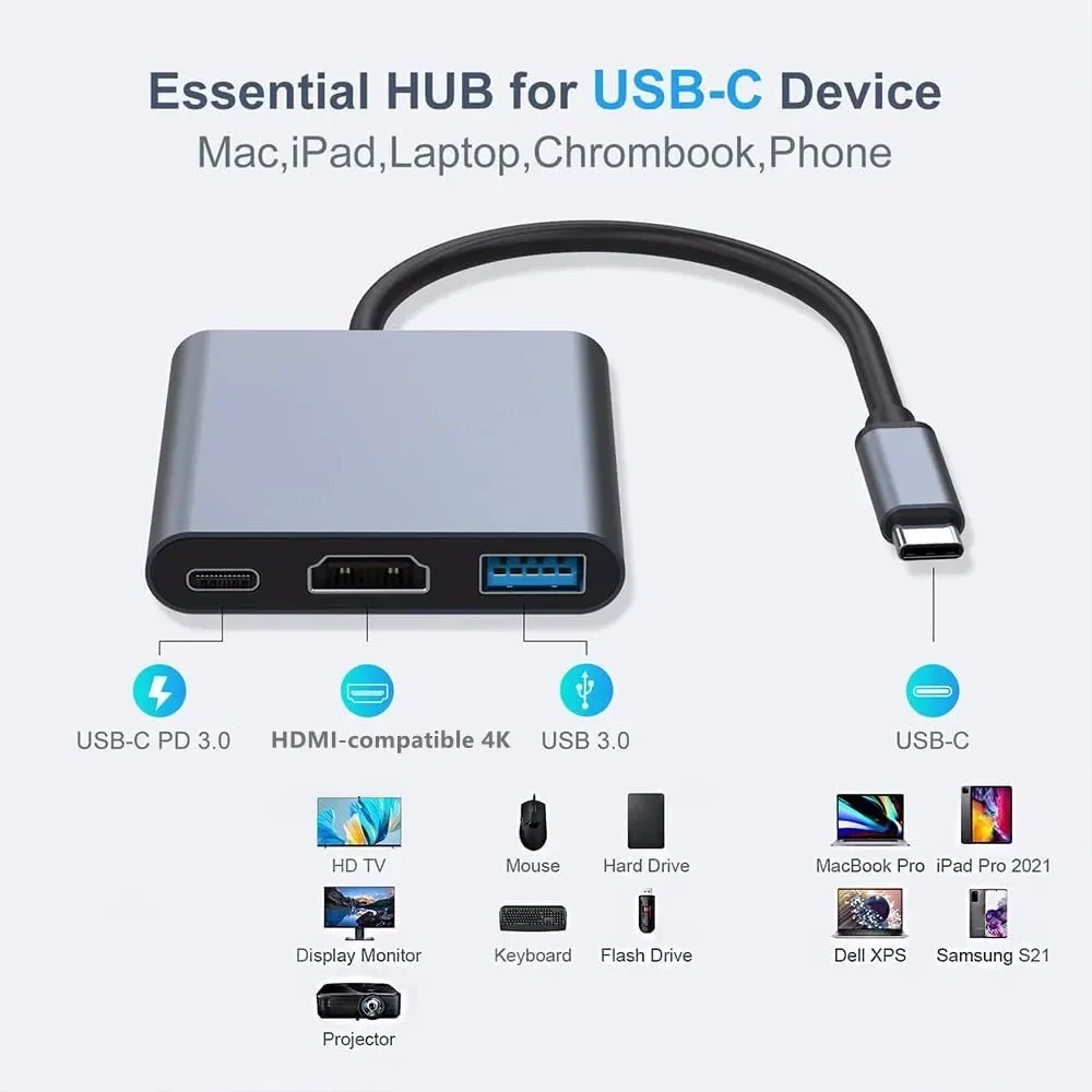 3-in-1 USB C Hub 100W Power USB 3.0 4K HDMI-compatible for MacBook Surface Chrome Steam Deck Stable USB 3.0 USB HUB Adapter-3