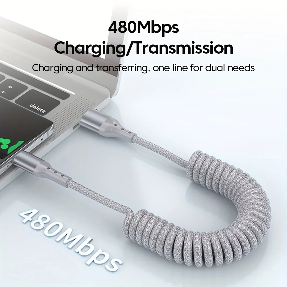 100W USB Type C Spring Car Fast Charging Cable for Samsung Xiaomi Huawei 60W USB C Data Cord for iPhone 15 Huawei USB C Wire-3