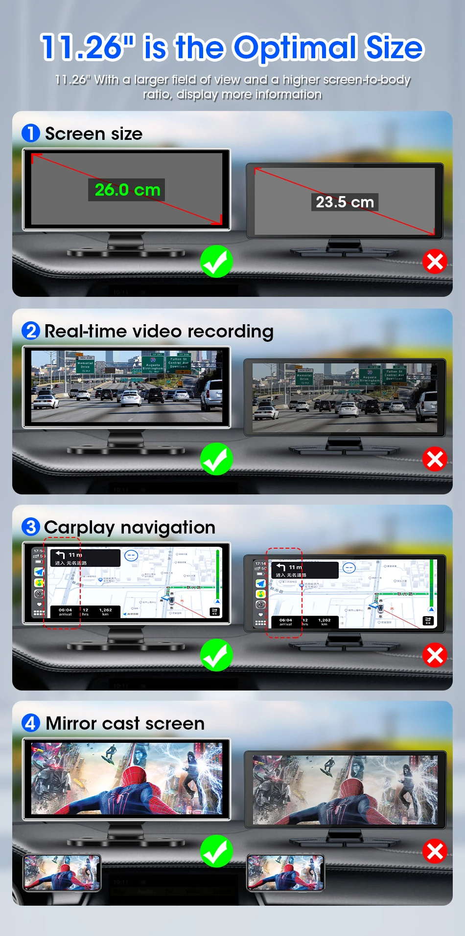 10/11.26 inch Dash Cam 4K Car DVR Wireless Carplay & Android Auto GPS Navigation Video Recorder Dashboard Dual Lens Wifi FM AUX-2