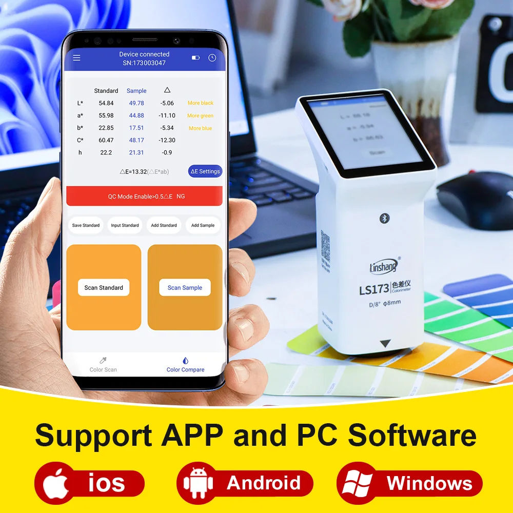 Portable Digital Colorimeter High Precision Handheld Color Meter for Measuring Paints Plastics Color Difference with D/8 LS173-4