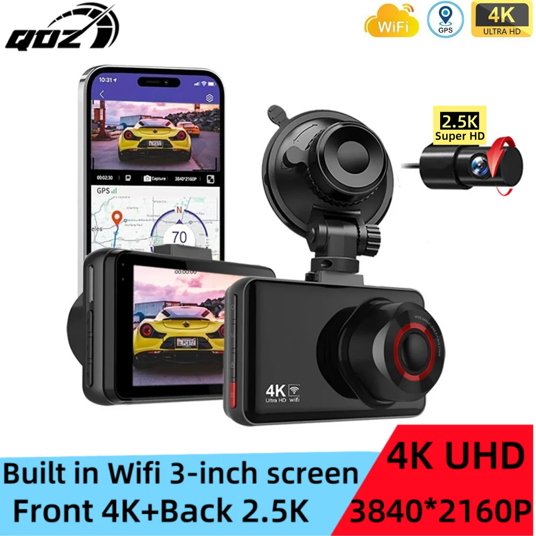 QOZ Dash Cam Cars 4K Front and Rear Camera Car Dvr WIFI Car Camera for Vehicle Video Recorder Rear View Camera Parking Monitor