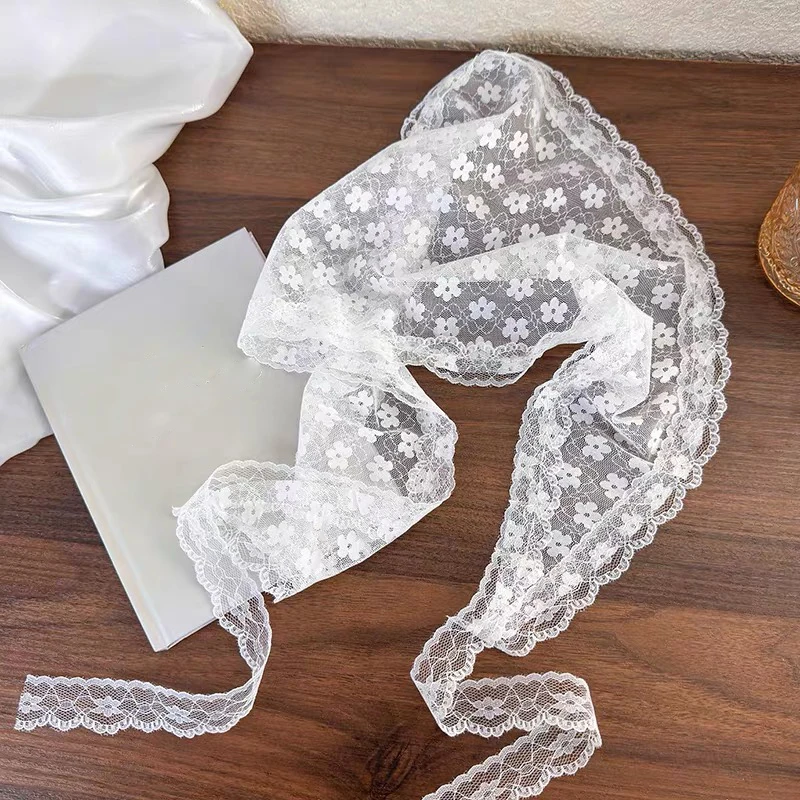 White Woven Floral Lace Hair Scarf Wraps Women Retro Triangle Headscarf Hat Travel Photo Headband Hair Accessories-4