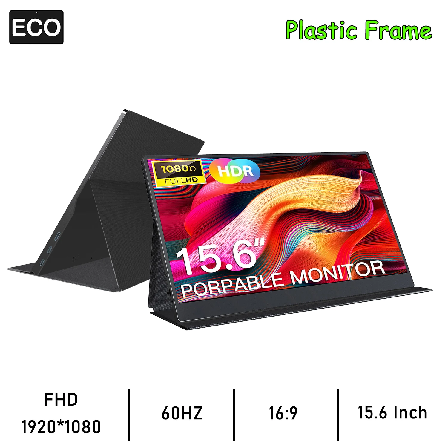 15.6" Portable Monitor FHD 1080P IPS USB-C Mini-HDMI External Second Screen for Mac PC Switch Xbox PS4/5 Xbox Plastic Frame