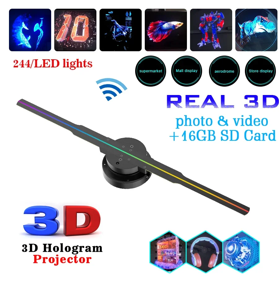 42cm 3D Holographic Fan Wifi Remote Custom ICONS DIY Video LOGO LED Neon Lights Rotating Display AD 3D Holographic Projector-2
