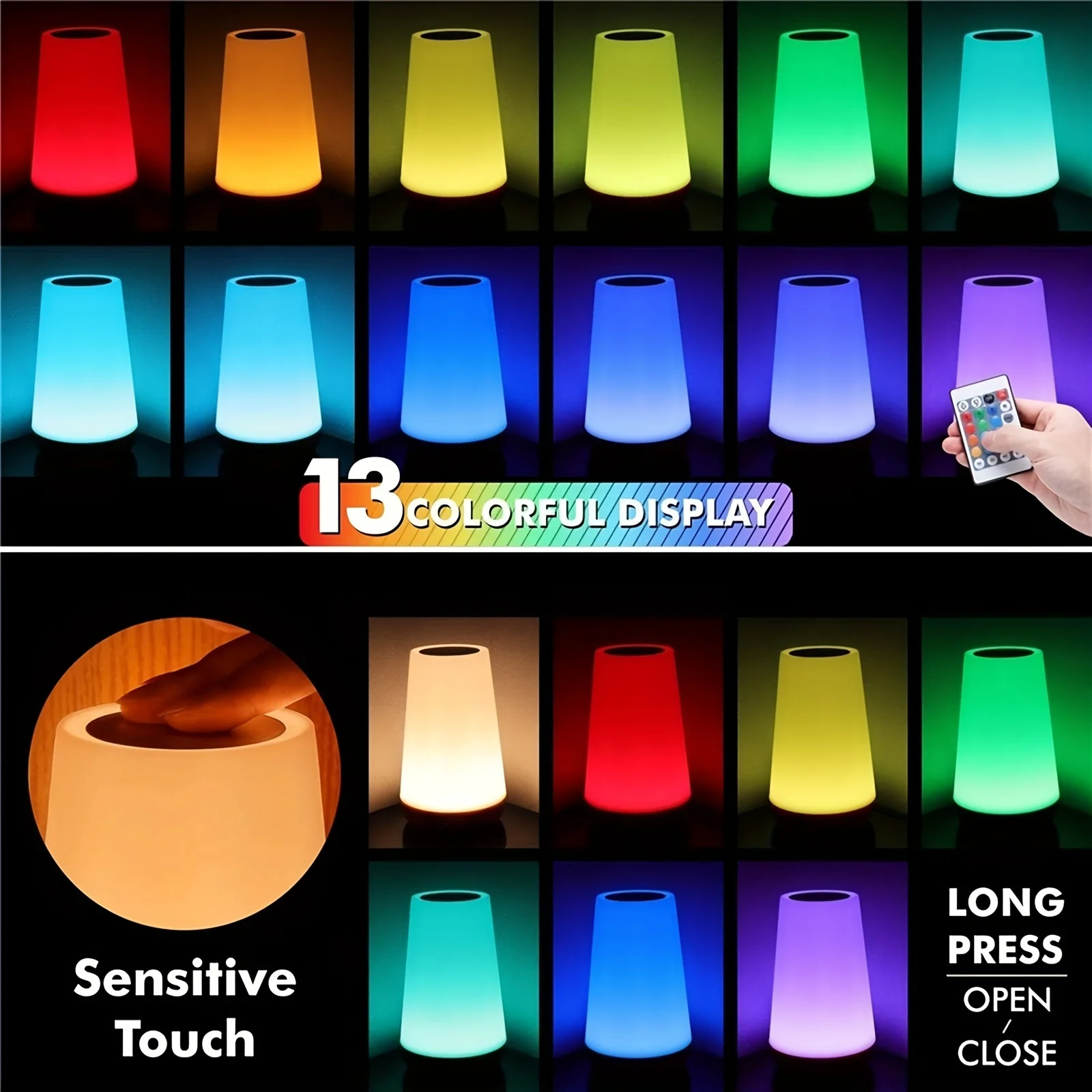 Touch RGB LED Night Lights Remote Control Dimmable Bedside Lamp USB Rechargeable 13 Colors Ambient Reading Camping Lamp Gifts-2