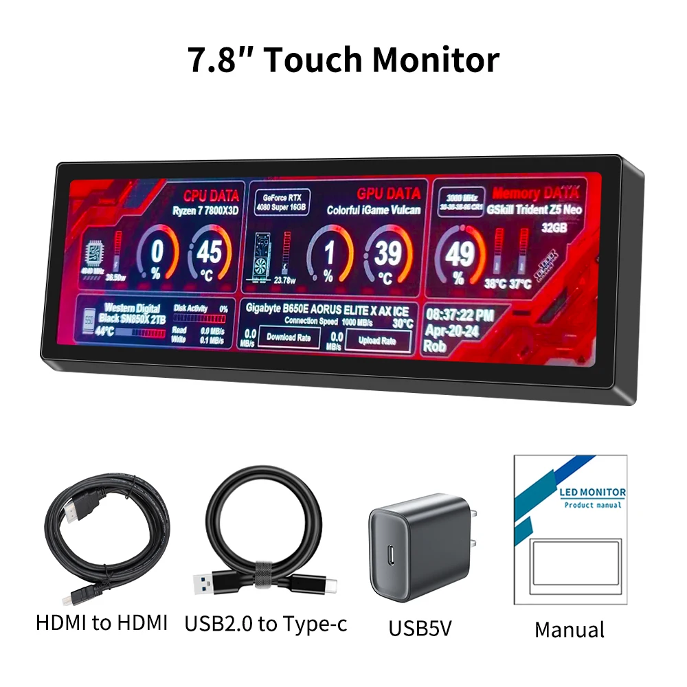 7.8 inch Long Wide Touch screen Monitor HDMI PC Temperature Display PC Sensor Panel Display Small Extender Monitor-6
