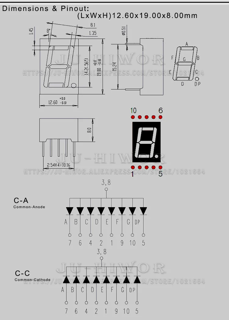 10pcs 0.56 Inch 10Pins 5161AS 5161BS 1 Bit Digit 7 Segment Red LED Digital Display Digitron Common Anode Cathode C-C C-A-4