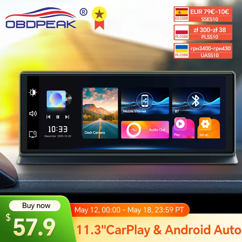 K2 Pro 11.3" Dash Cam 4K 2160P Car DVR Recording Carplay & Android Auto Wireless Connection 5G WiFi GPS Navigation Dashboard