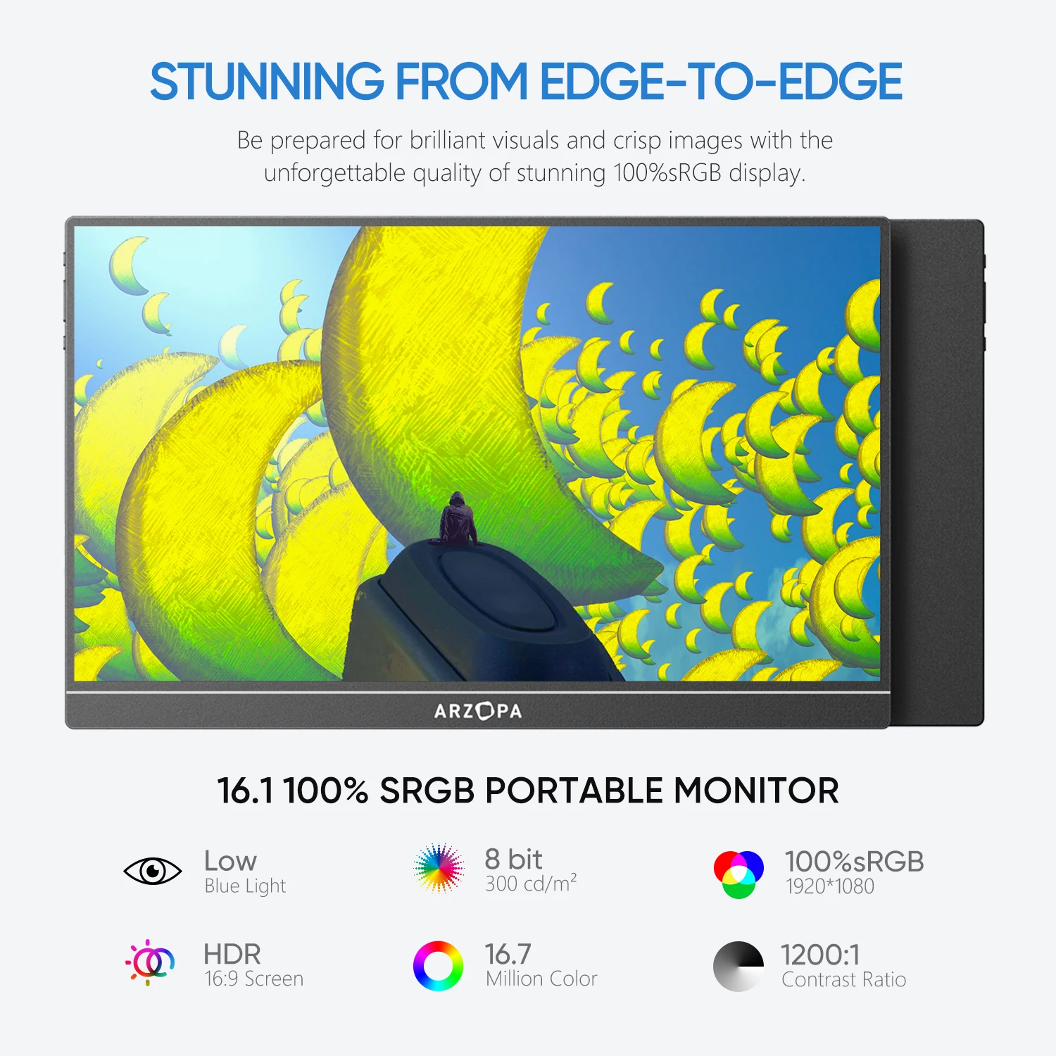 ARZOPA 16.1'' 100% sRGB Portable Monitor FHD1080P IPS Screen Second Monitor External Screen for MAC Laptop PC Xbox/PS/Switch,Z1C-2