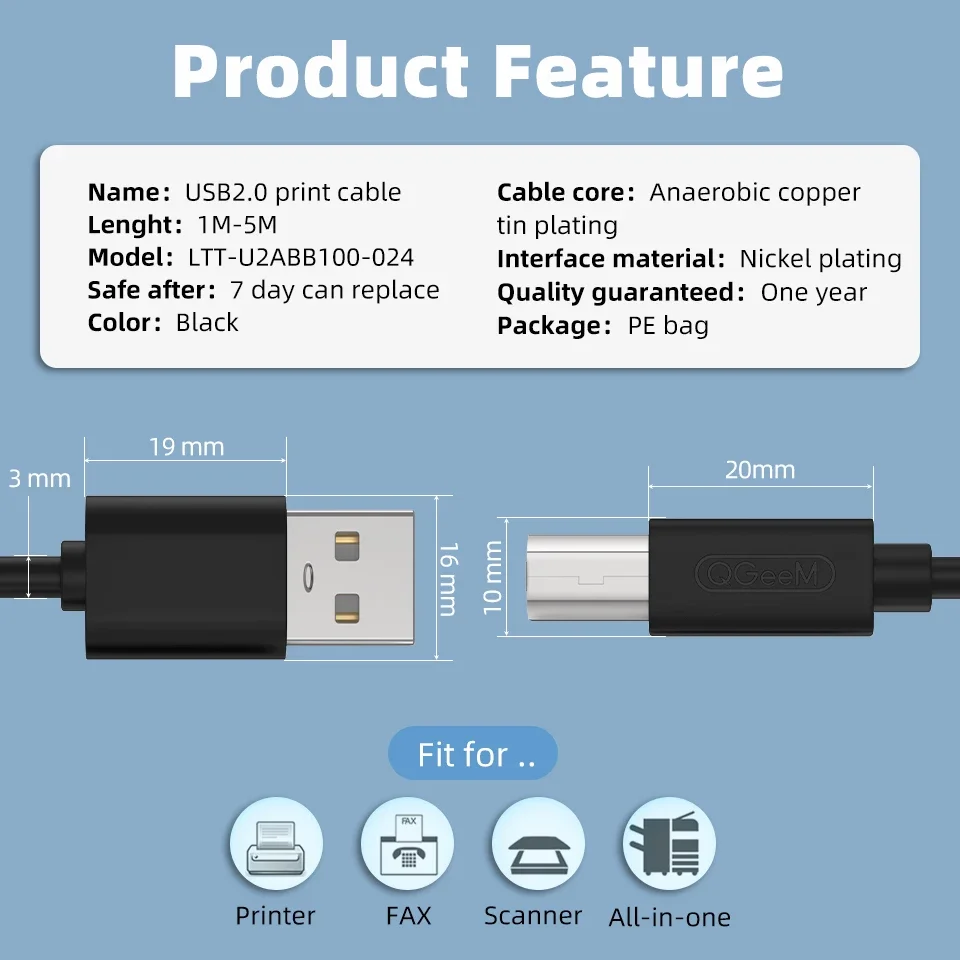 USB Cable for printer High Speed A to B Male to male usb Printer Cable data sync  for 3d label printer lenovo 1m 1.5m 2m 3m 5m-6