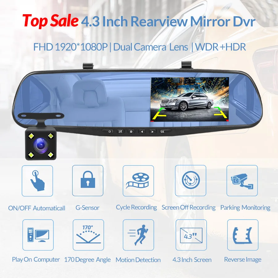 Dashcam 4.3Inch 1080P IPS Car DVR Driving Recorder  Rearview Mirror Dual Lens Car Recorder  Front and Rear Black Box-2