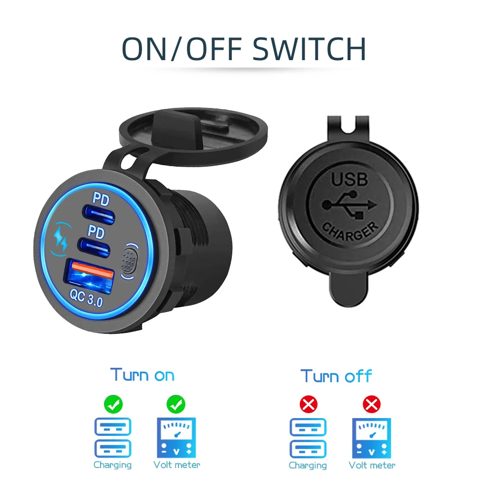 Car Charger Socket PD3.0 & QC3.0 Double USB C Ports Waterproof with LED Touch Switch 78W Fast Charging 12V/24V For Moto Adapter-4
