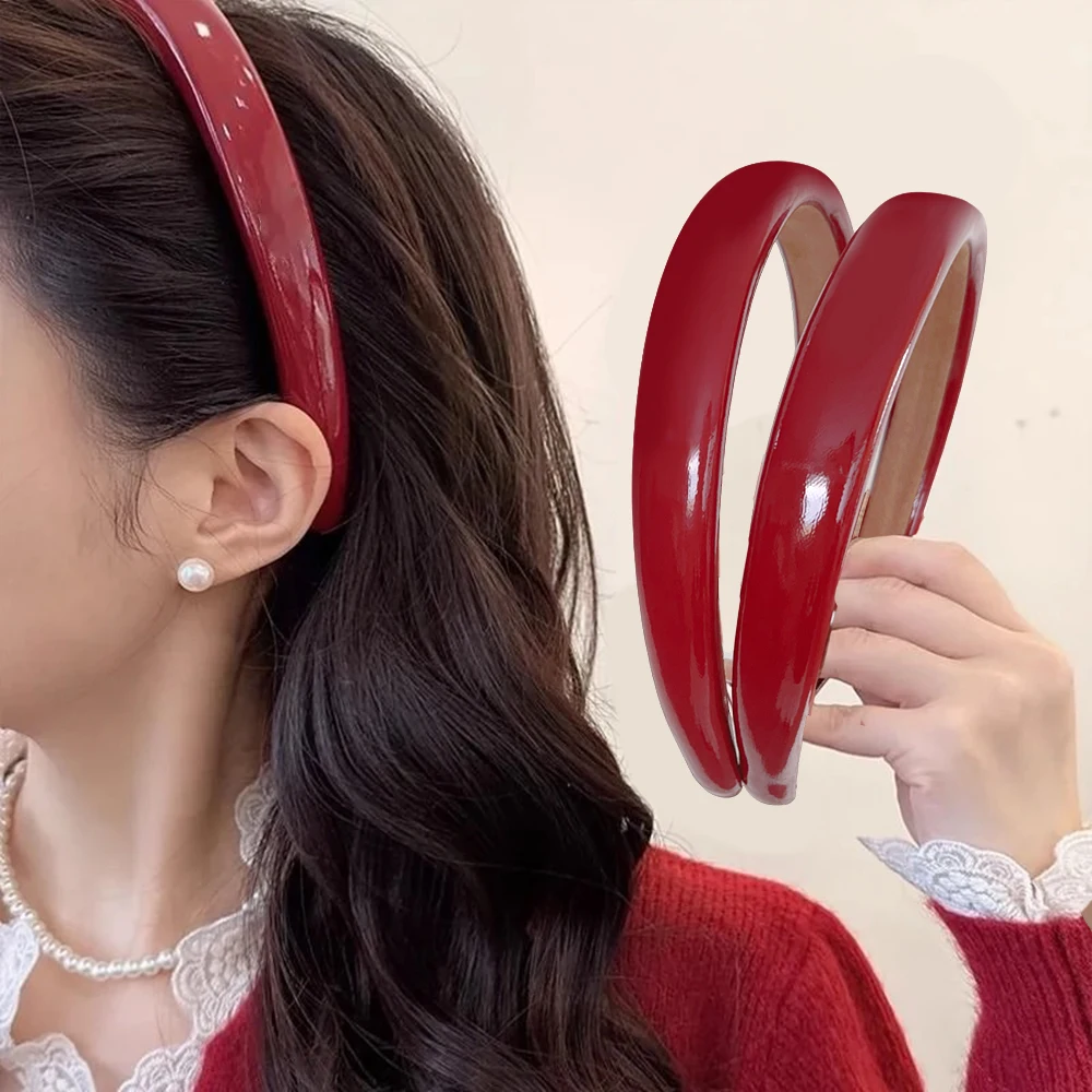 Retro Red Leather Sponge Headband for Woman Fashion Temperament Hair Hoop Wash Face Hair Band Female Party Hair Accessories Gift-3