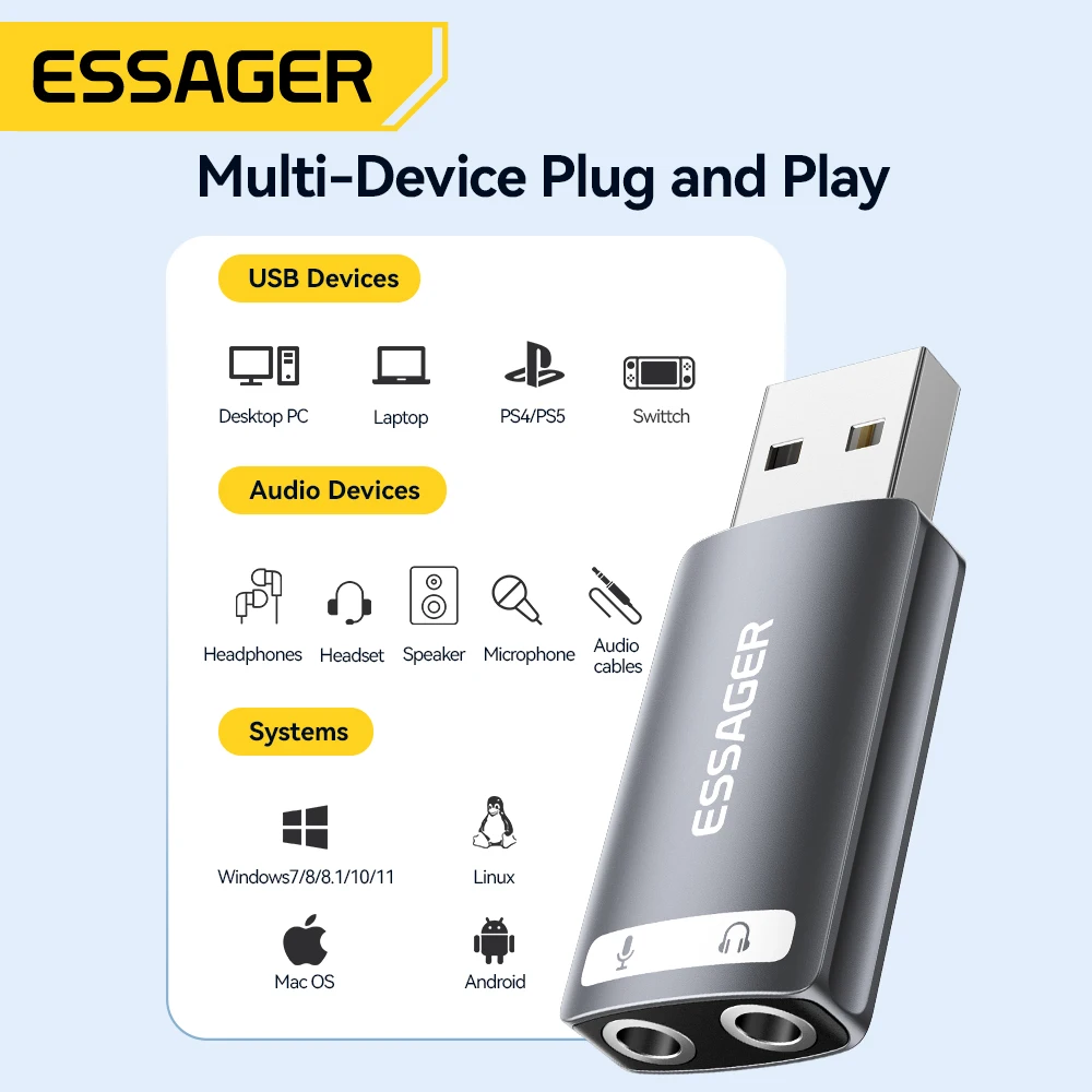 Essager External USB Sound Card To 3.5mm Mic Headphone Jack Stereo Headset Audio Microphone Adapter Speaker Interface For Laptop-4
