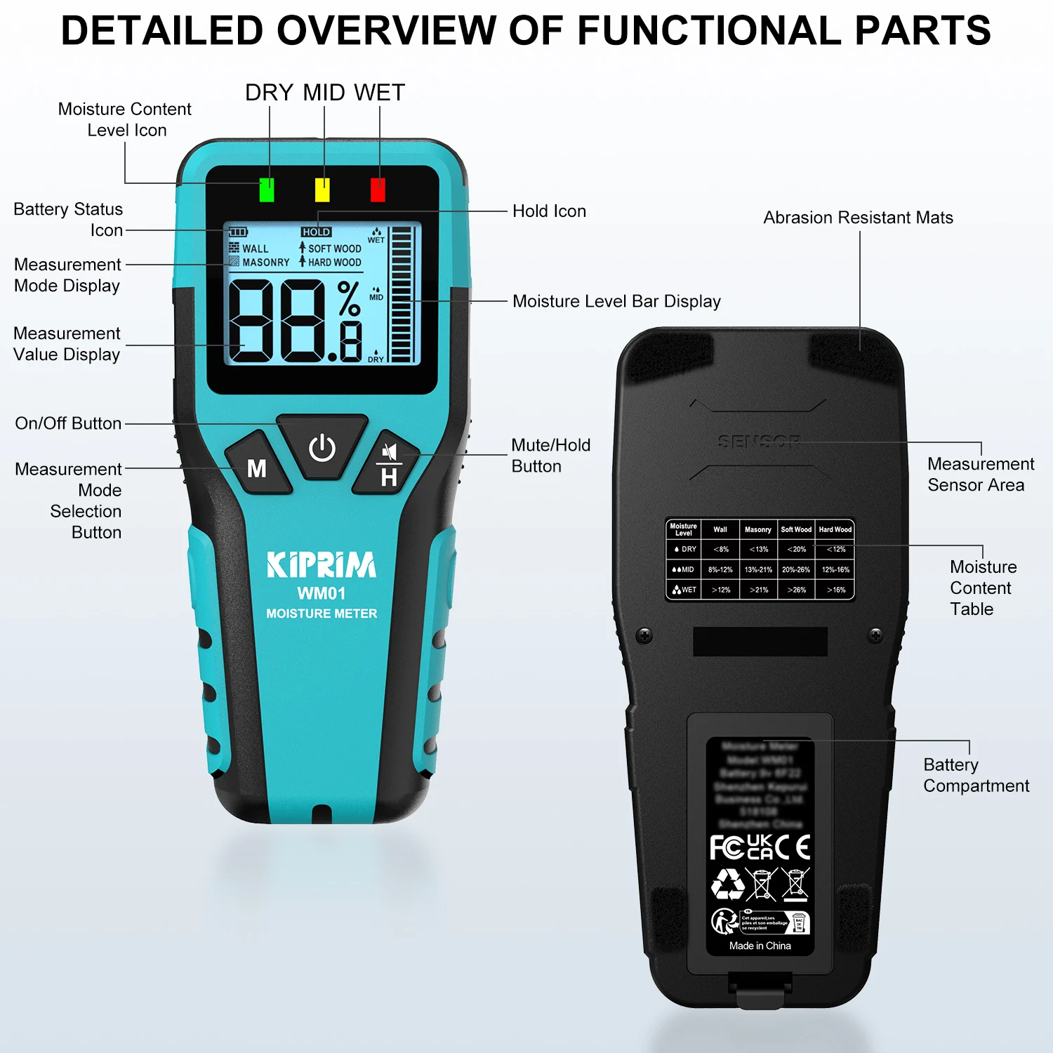 Kiprim Inductive Wood Moisture Meter Hygrometer Non-contact Timber Damp Wall Detector Non-destructive Pinless Humidity Tester-6