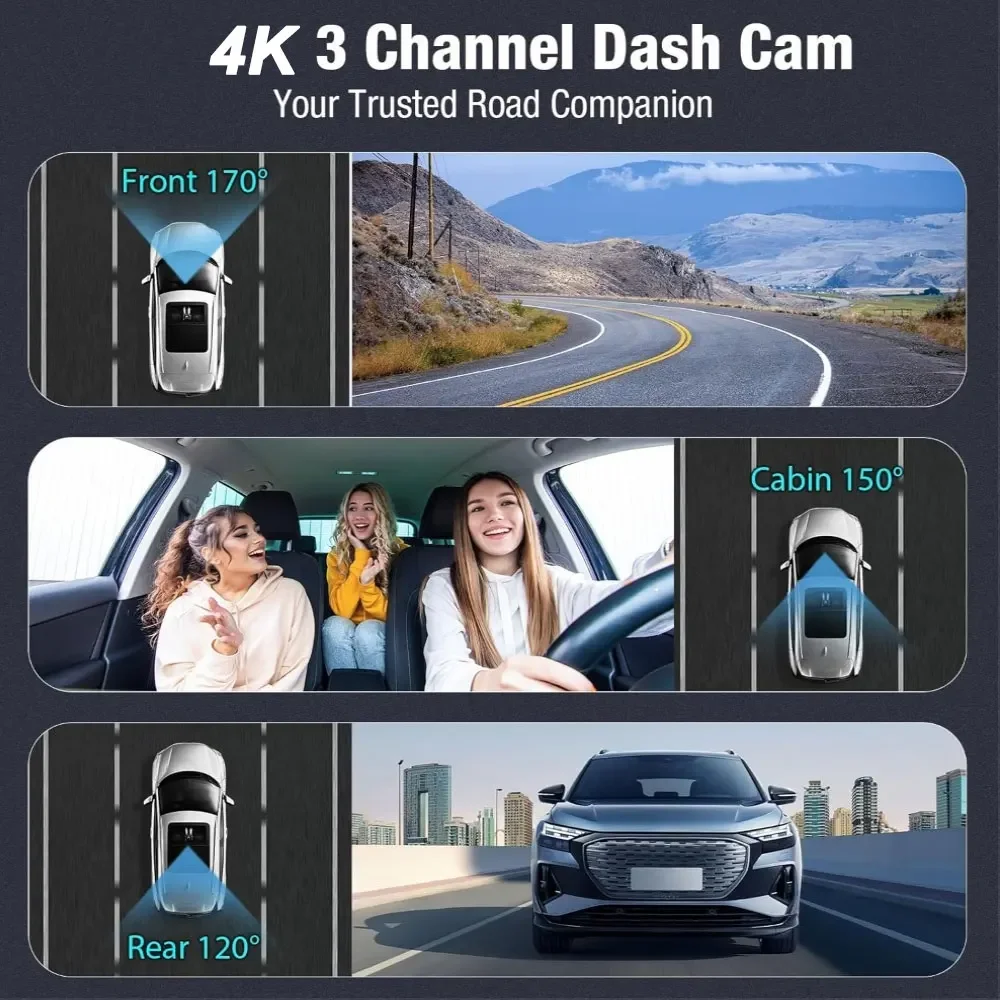4K HD 3 Channel Dash Cam 3-Lens Front Inside Rear Car DVR GPS Wifi DVR Recorder Video Registrator Car Camera 24h Parking Monitor-3