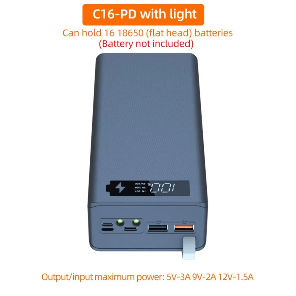 16*18650 Power Bank Case C16 USB Welding Free Power Bank Case Detachable Portable QC 3.0 PD DIY Shell Housing For Powerbank-2