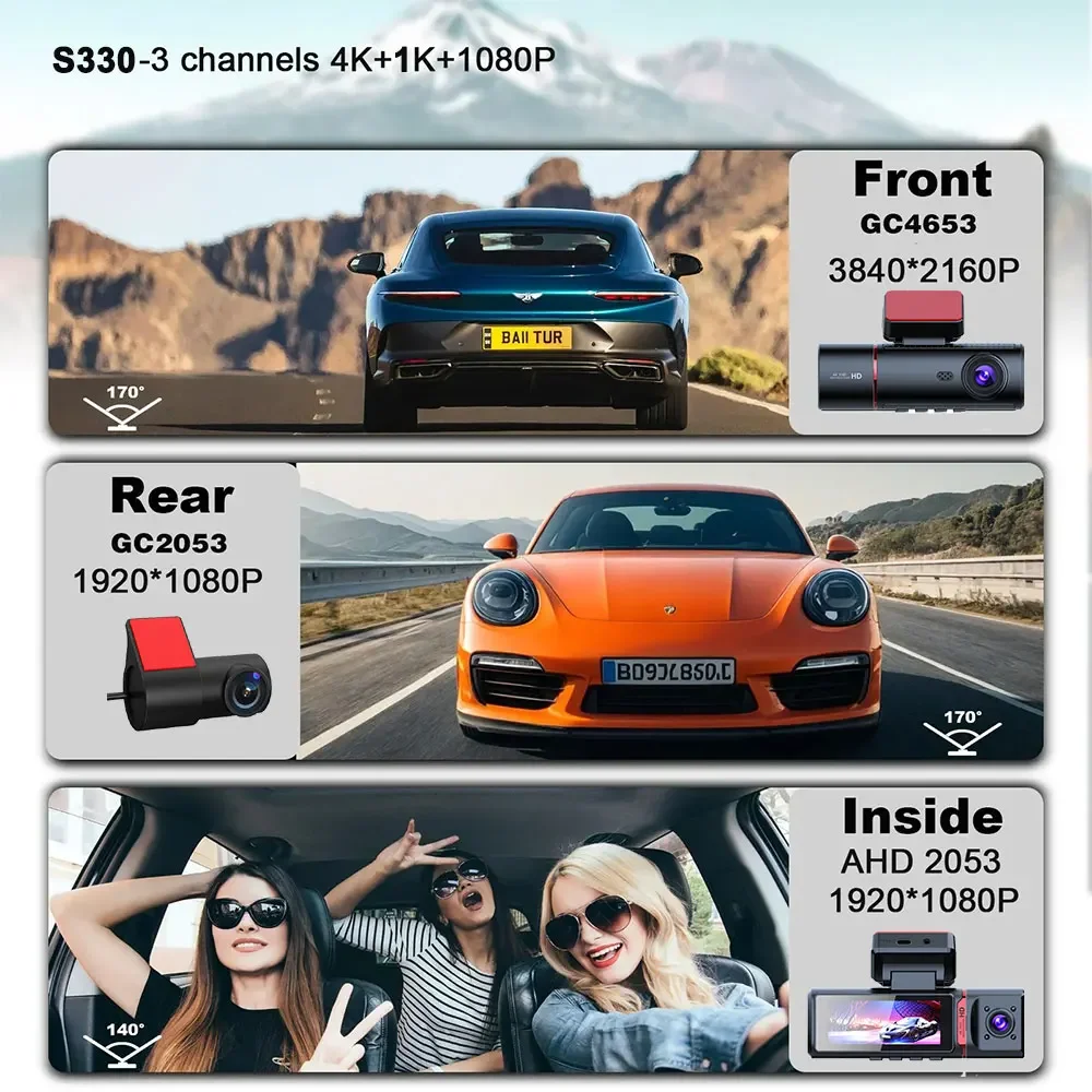 4K HD 3 Channel Dash Cam 3-Lens Front Inside Rear Car DVR GPS Wifi DVR Recorder Video Registrator Car Camera 24h Parking Monitor-2