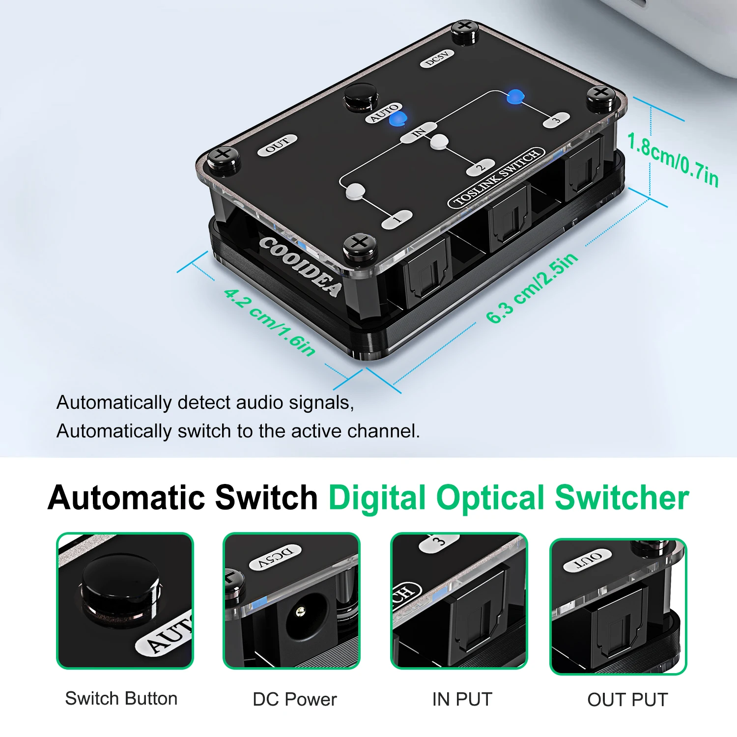 COOIDEA  SPDIF/Toslink Automatic Switch Digital Optical Switcher 3x1 with Wireless Remote Control Supports 192k/24Bit-2