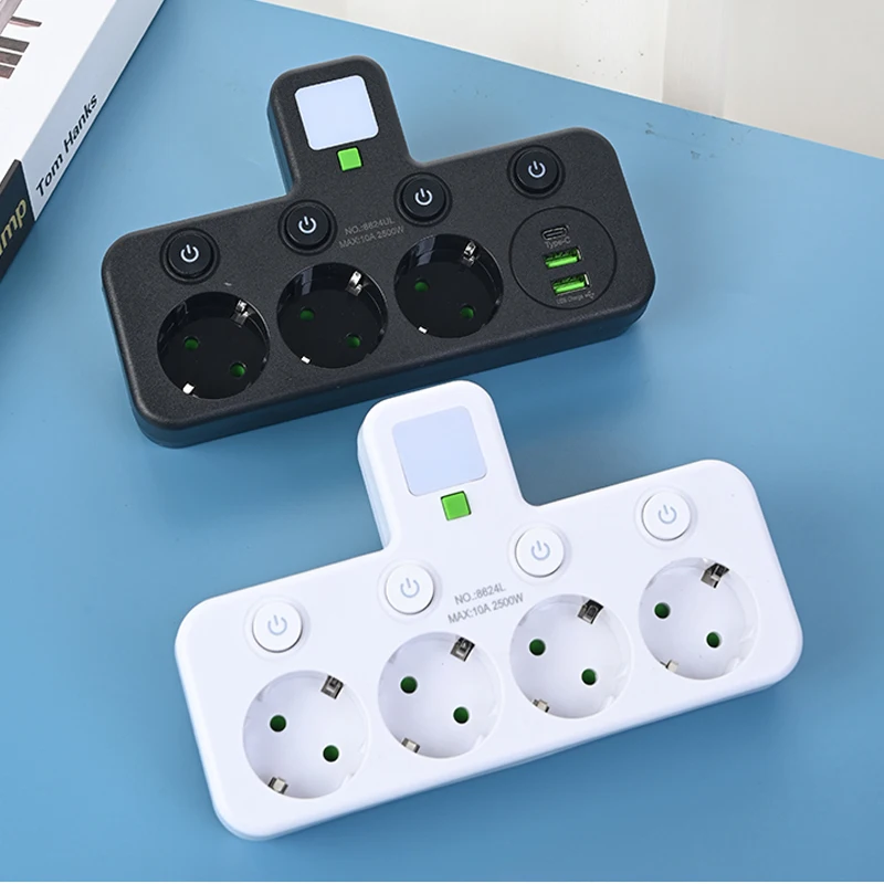 EU Plug Power Strip with 3 AC Outlets +2 USB Ports+ 1 Type C, 6-in-1 Plug Socket Adapter Wireless Wall Charger for Home Office-2