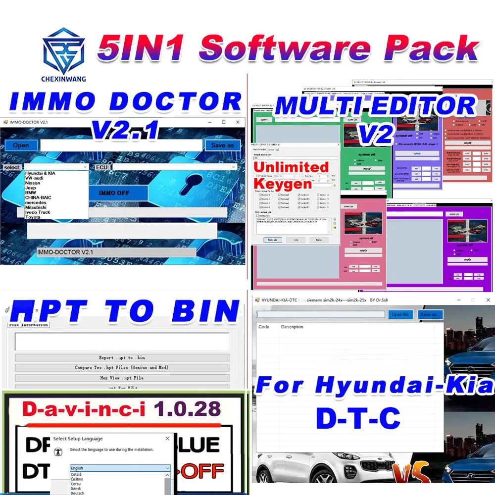 IMMO DOCTOR V2.1 + MULTI EDITOR V2 + For HYUNDAI For KIA DTC + .pt to bin + Davinci 1.0.28 Unlimited Keygen Car Repair Software