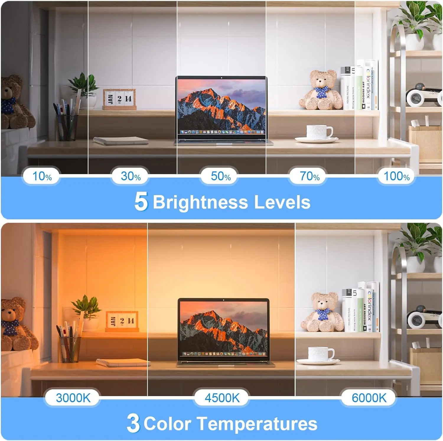 WILLED 5W Dimmable Night Light 3 Colors Adjustable Makeup Light with 2500mAh Rechargeable Under Cabinet for Closet Bedside Desk-2