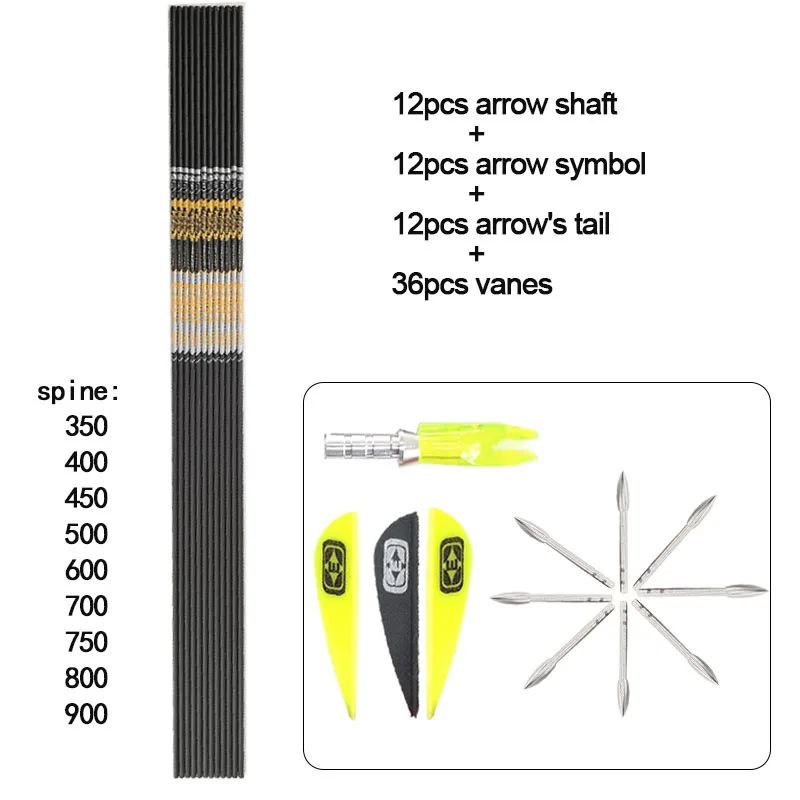 Archery Carbon Arrows Shaft ID4.2mm Spine 350-900 1.75inch Plastic Vanes 80 Grain Points for Recurve Bow Archery shooting 12pcs