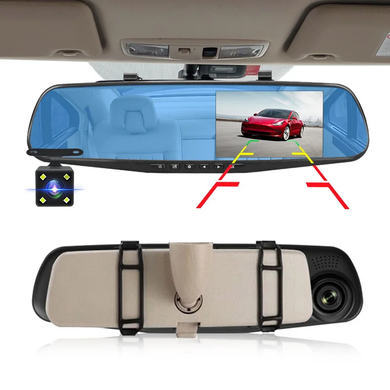 Dashcam 4.3Inch 1080P IPS Car DVR Driving Recorder  Rearview Mirror Dual Lens Car Recorder  Front and Rear Black Box-5
