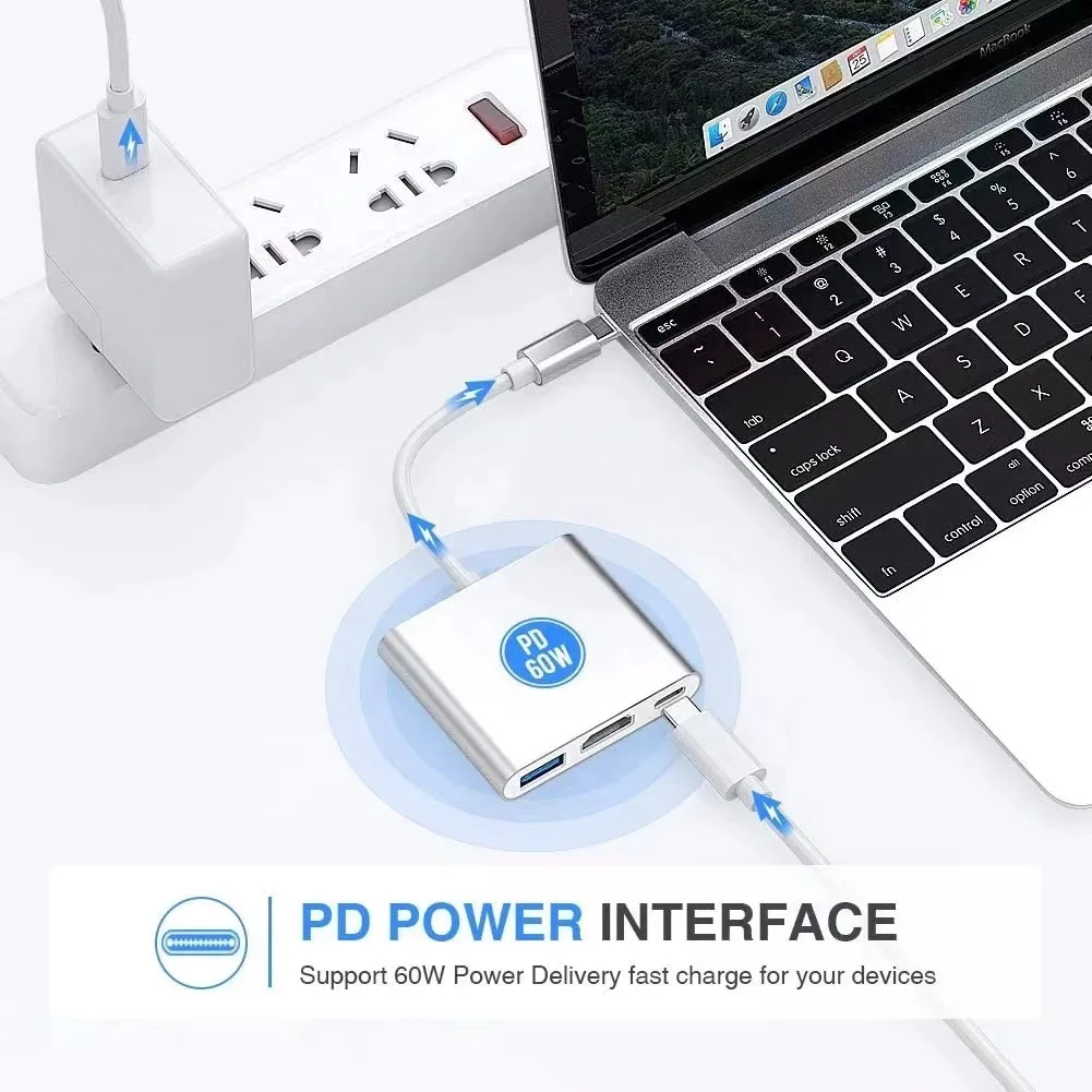 3-in-1 USB C Hub 100W Power USB 3.0 4K HDMI-compatible for MacBook Surface Chrome Steam Deck Stable USB 3.0 USB HUB Adapter-5