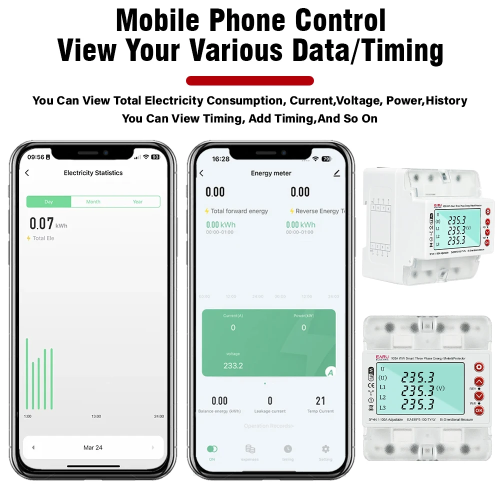 3 Phase 380V 100A Tuya WiFi Smart Bi-Directional Energy Power kWh Meter Over Under Voltage Protector Relay Switch Current Limit-4