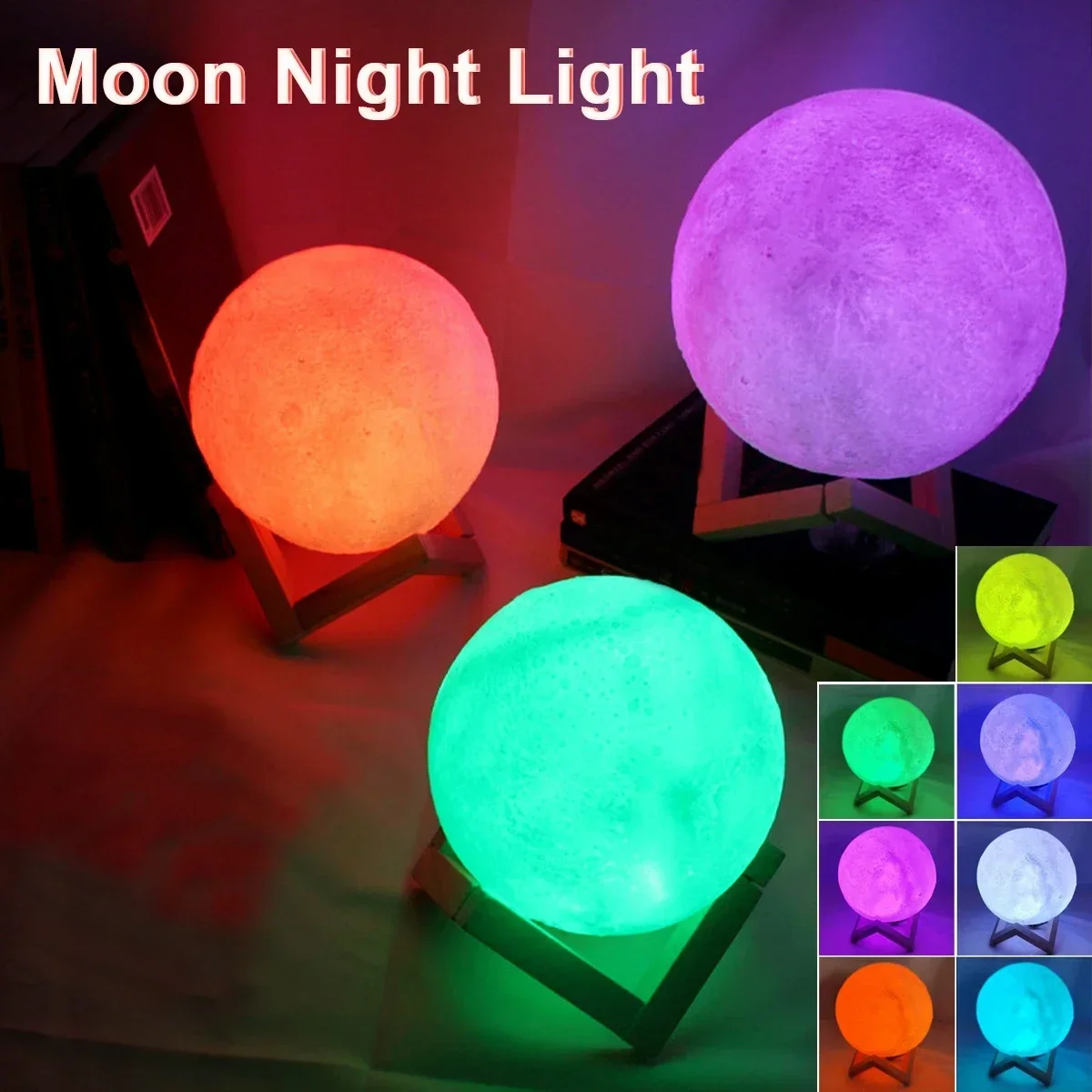LED Night Light 8cm Moon Lamp Battery Powered With Stand Starry Lamp Bedroom Decor Night Lights Kids Gift Button Cell-3
